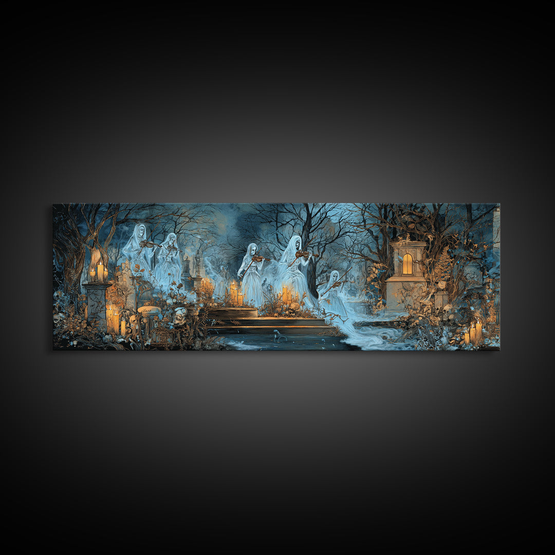 The Ghostly Violin Procession - Occult Still Life, Occult Wall Decor, Extra Wide Wall Art, Canvas Print, Halloween Home Decor