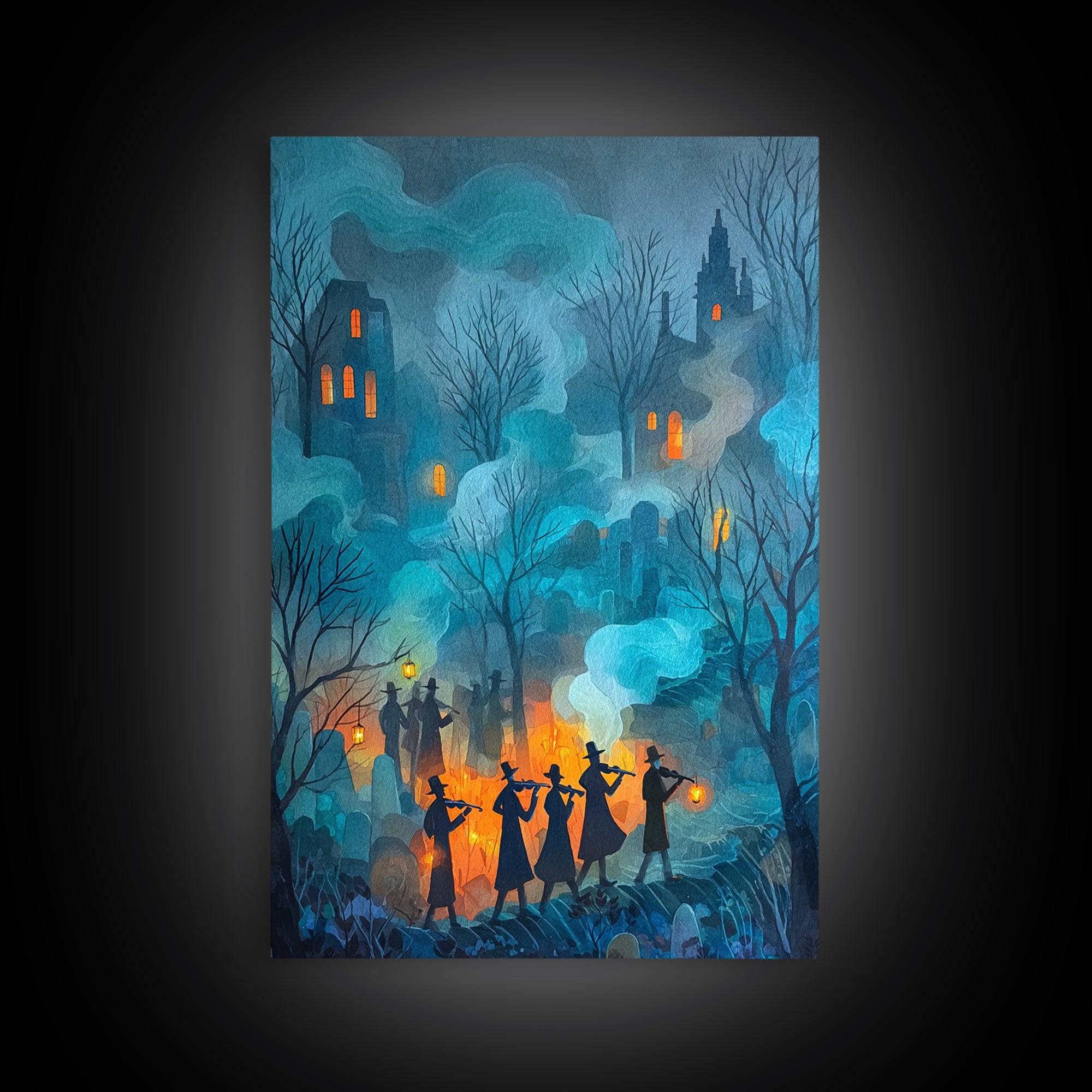 The Ghostly Violin Procession - Procession Scene, Macabre Halloween Art, Vertical Wall Art, Framed Canvas Print, Halloween Home Decor