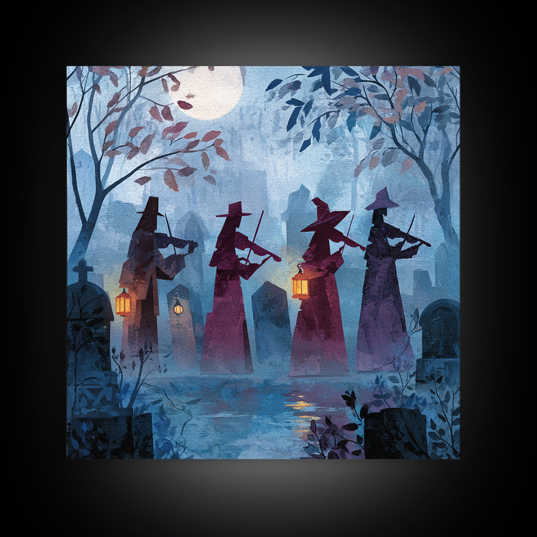 The Ghostly Violin Procession - Procession Scene, Macabre Halloween Art, Square Wall Art, Framed Canvas Print, Halloween Home Decor