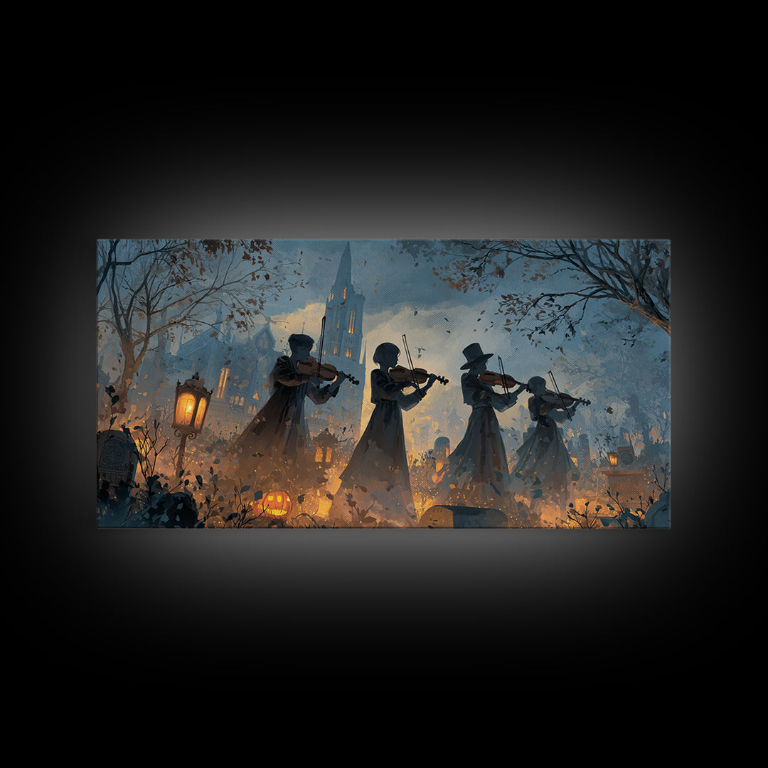 The Ghostly Violin Procession - Procession Scene, Occult Wall Decor, Wide Panoramic Art, Canvas Print, Halloween Home Decor, Gothic Wall Art