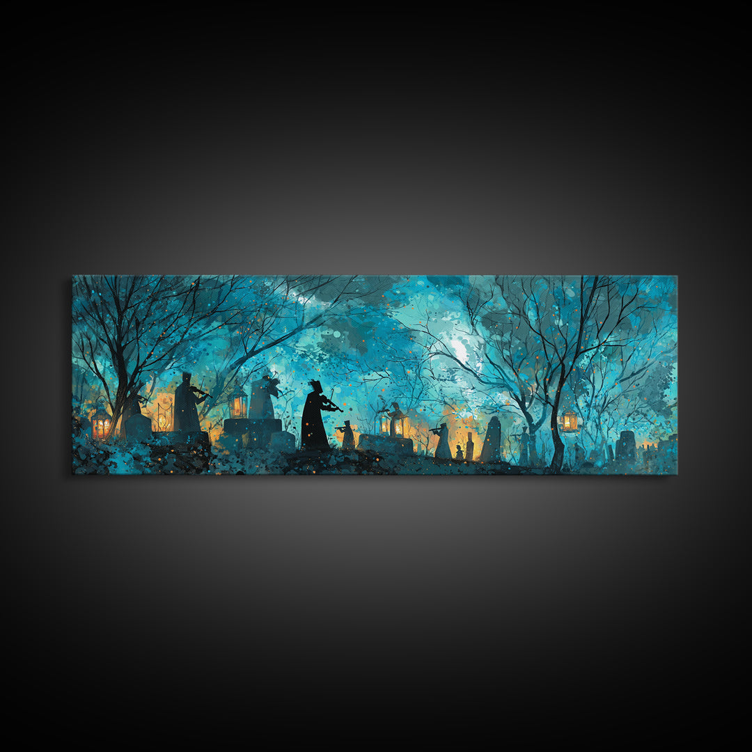 The Ghostly Violin Procession - Procession Scene, Spooky Wall Decor, Extra Wide Wall Art, Framed Canvas Print, Halloween Home Decor