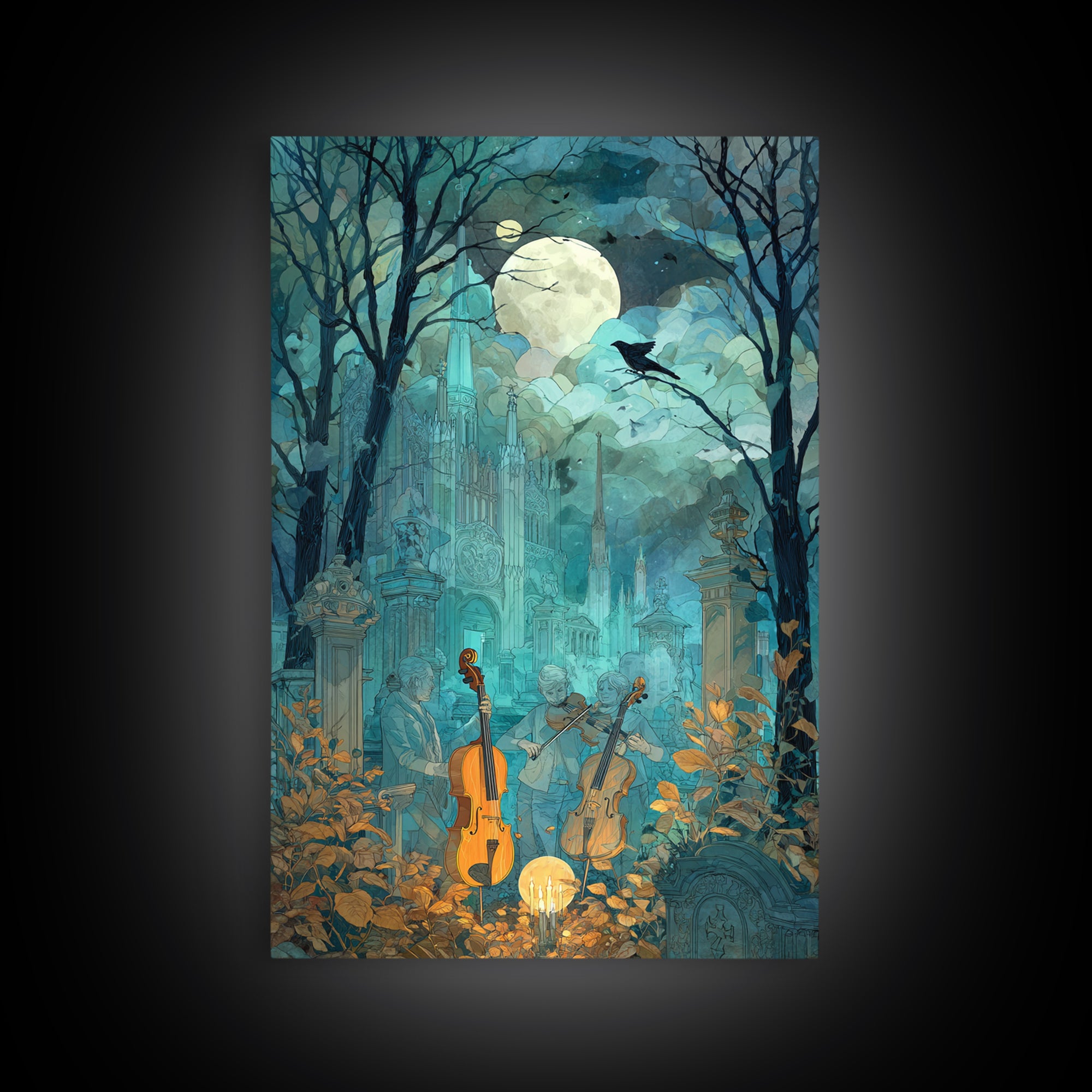 The Ghostly Violin Procession - Surreal Celestial Vision, Occult Wall Decor, Vertical Wall Art, Canvas Print, Halloween Home Decor
