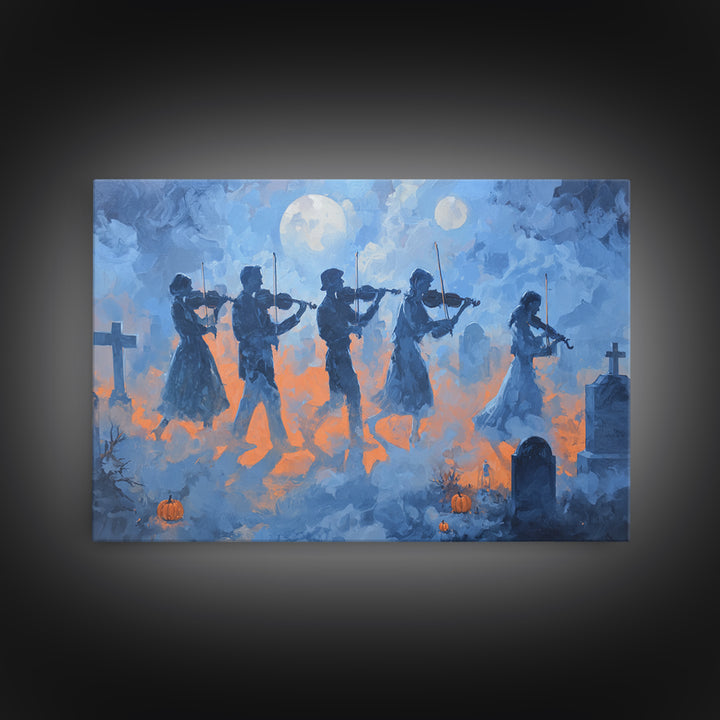 The Ghostly Violin Procession - Surreal Celestial Vision, Macabre Halloween Art, Landscape Wall Art, Framed Canvas Print, Gothic Wall Art