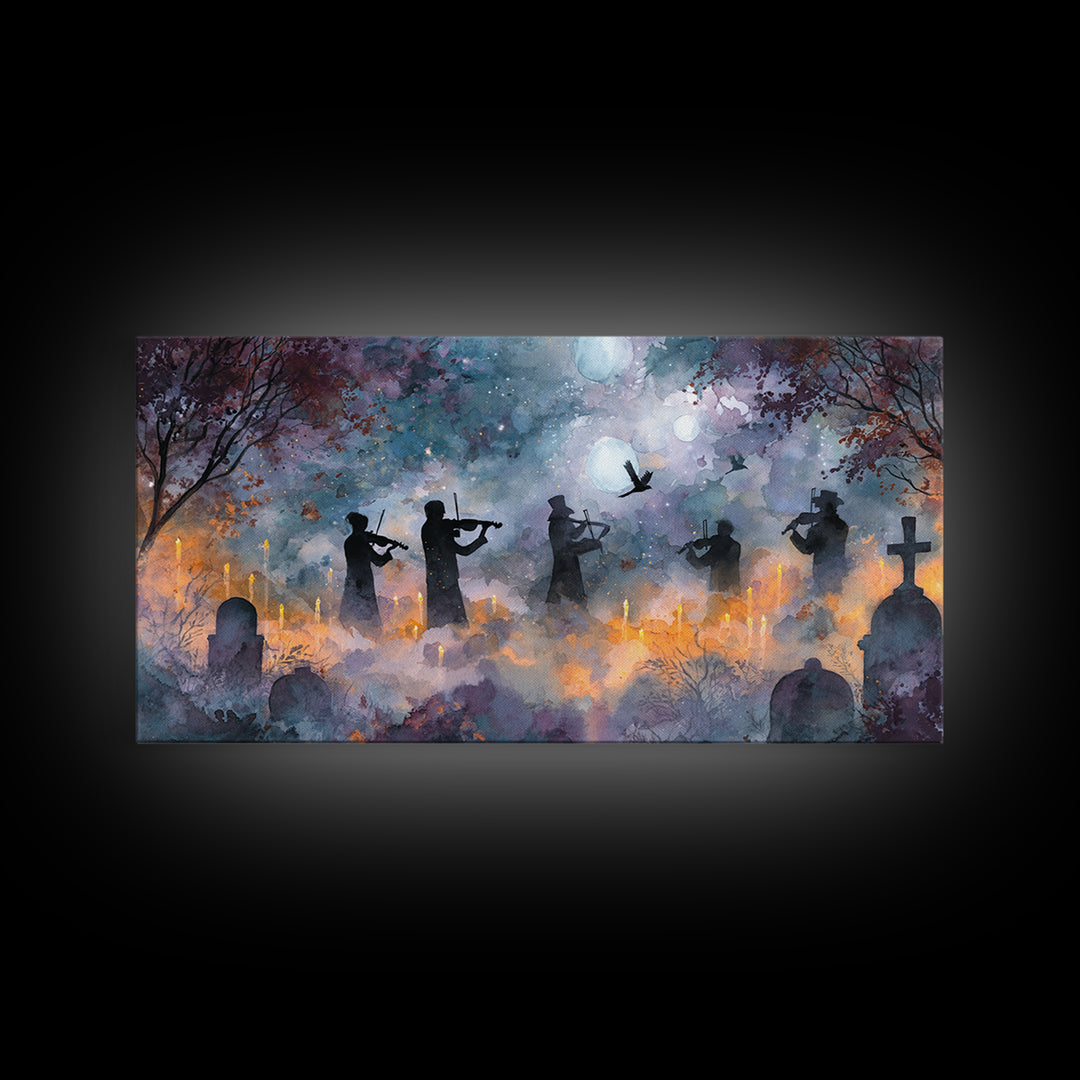 The Ghostly Violin Procession - Surreal Celestial Vision, Gothic Home Decor, Wide Panoramic Art, Canvas Print, Halloween Home Decor