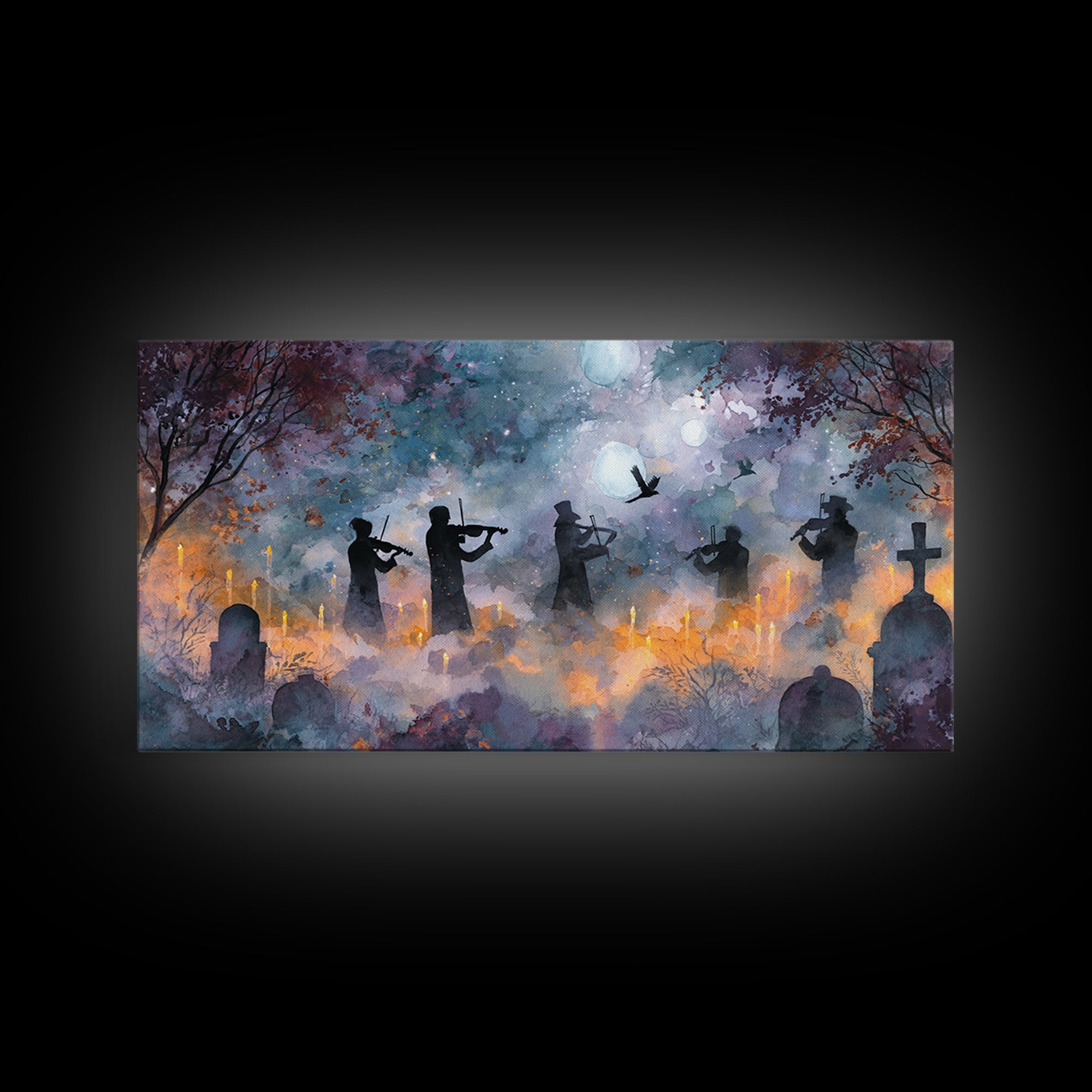 The Ghostly Violin Procession - Surreal Celestial Vision, Gothic Home Decor, Wide Panoramic Art, Canvas Print, Halloween Home Decor