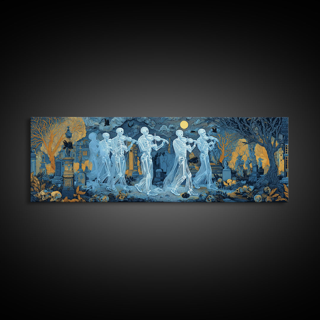 The Ghostly Violin Procession - Surreal Celestial Vision, Spooky Wall Decor, Extra Wide Wall Art, Framed Canvas Print, Halloween Home Decor
