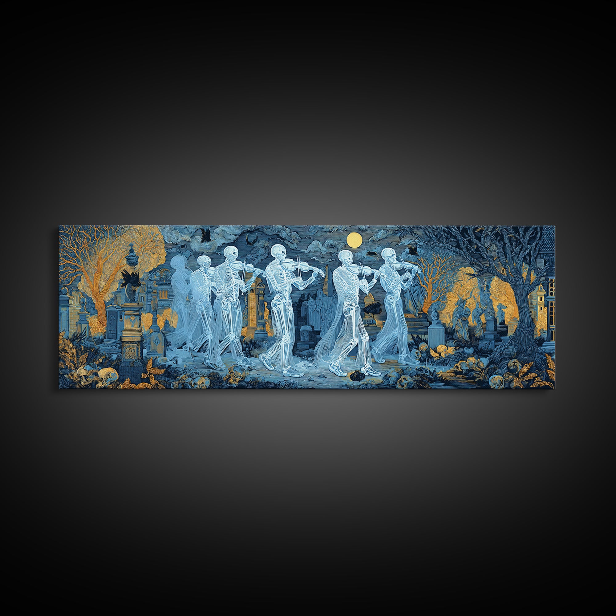 The Ghostly Violin Procession - Surreal Celestial Vision, Spooky Wall Decor, Extra Wide Wall Art, Framed Canvas Print, Halloween Home Decor