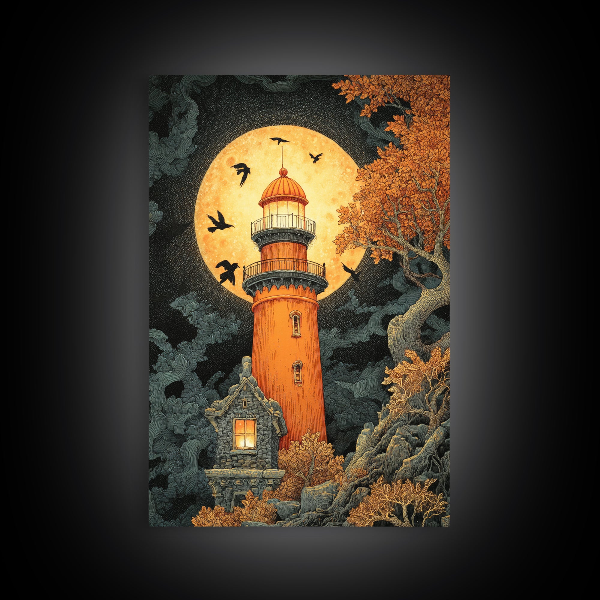 The Pumpkin Moon Lighthouse - Icon Portrait, Gothic Home Decor, Vertical Wall Art, Canvas Print, Halloween Home Decor, Gothic Wall Art