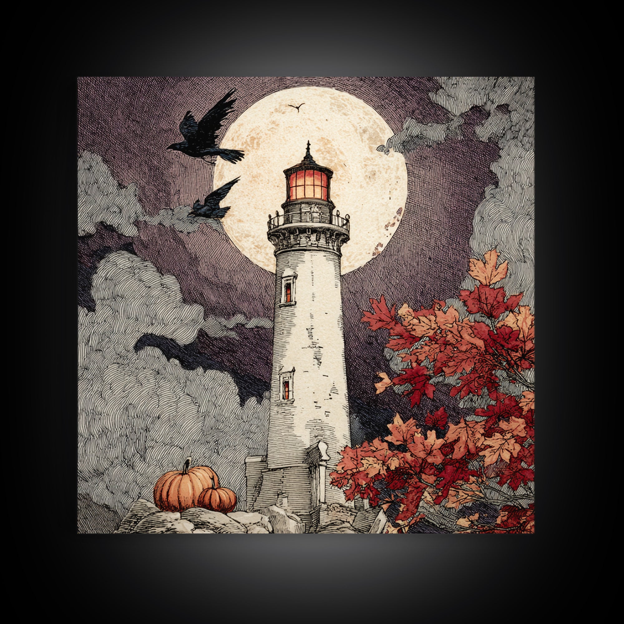 The Pumpkin Moon Lighthouse - Icon Portrait, Occult Wall Decor, Square Wall Art, Canvas Print, Halloween Home Decor, Gothic Wall Art