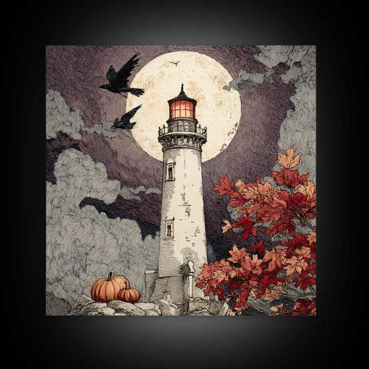 The Pumpkin Moon Lighthouse - Icon Portrait, Occult Wall Decor, Square Wall Art, Canvas Print, Halloween Home Decor, Gothic Wall Art