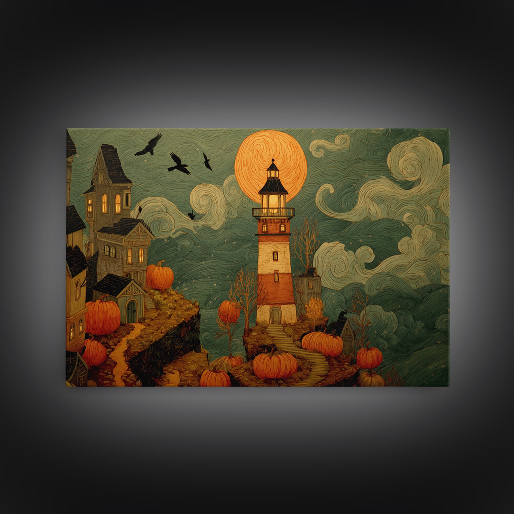 The Pumpkin Moon Lighthouse - Environmental Panorama, Dark Fantasy Wall Art, Landscape Wall Art, Canvas Print, Halloween Home Decor