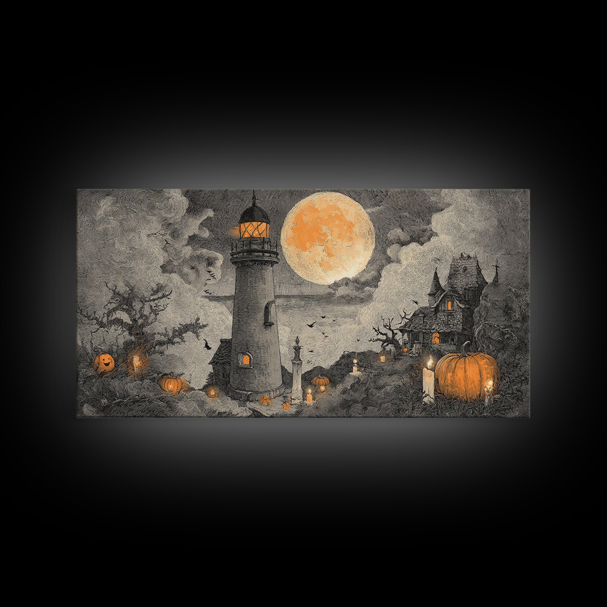 The Pumpkin Moon Lighthouse - Environmental Panorama, Dark Fantasy Wall Art, Wide Panoramic Art, Canvas Print, Halloween Home Decor