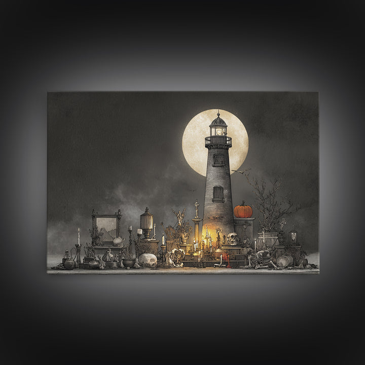 The Pumpkin Moon Lighthouse - Occult Still Life, Occult Wall Decor, Landscape Wall Art, Canvas Print, Halloween Home Decor, Gothic Wall Art