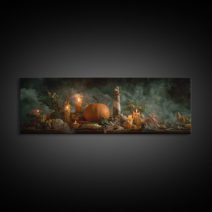 The Pumpkin Moon Lighthouse - Occult Still Life, Occult Wall Decor, Extra Wide Wall Art, Canvas Print, Halloween Home Decor, Gothic Wall Art