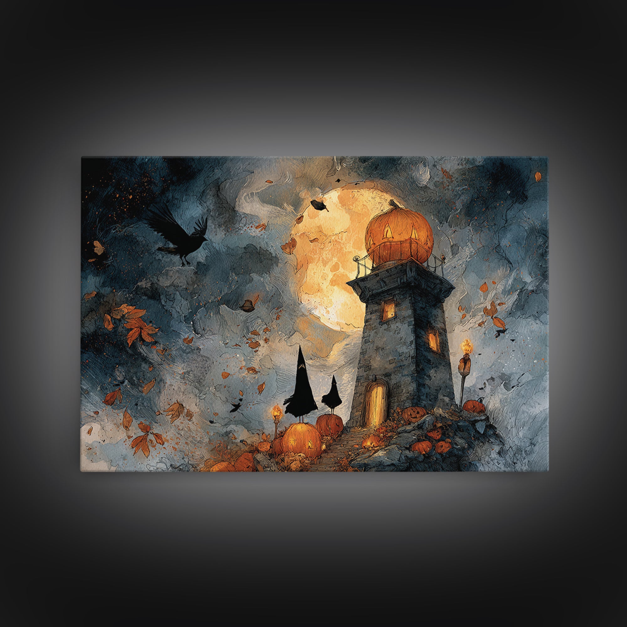 The Pumpkin Moon Lighthouse - Procession Scene, Dark Fantasy Wall Art, Landscape Wall Art, Canvas Print, Halloween Home Decor