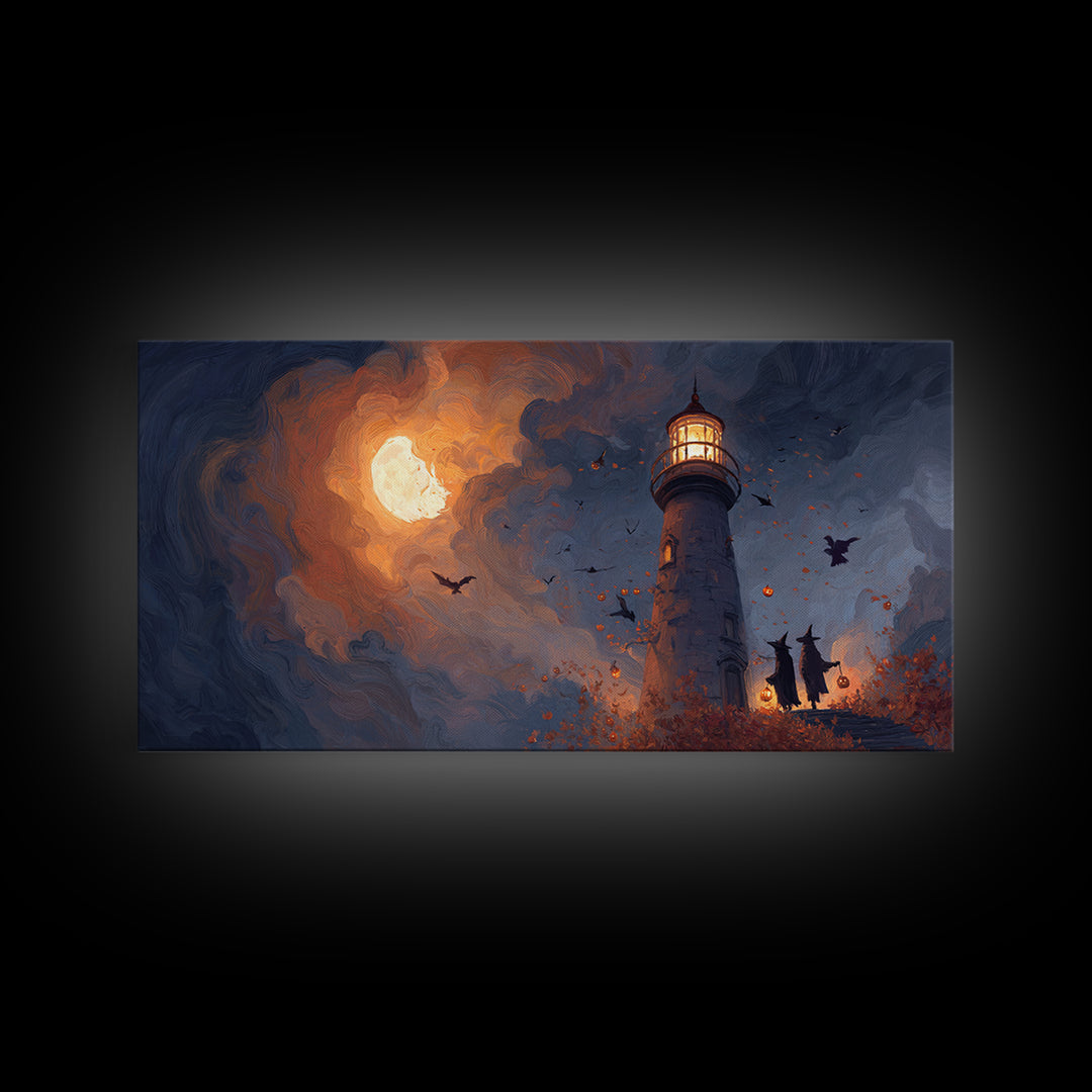 The Pumpkin Moon Lighthouse - Procession Scene, Occult Wall Decor, Wide Panoramic Art, Canvas Print, Halloween Home Decor, Gothic Wall Art
