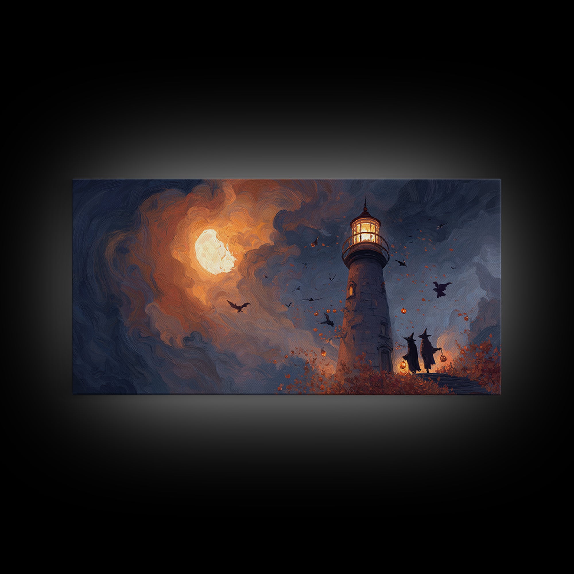 The Pumpkin Moon Lighthouse - Procession Scene, Occult Wall Decor, Wide Panoramic Art, Canvas Print, Halloween Home Decor, Gothic Wall Art