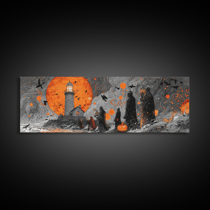 The Pumpkin Moon Lighthouse - Procession Scene, Spooky Wall Decor, Extra Wide Wall Art, Framed Canvas Print, Halloween Home Decor