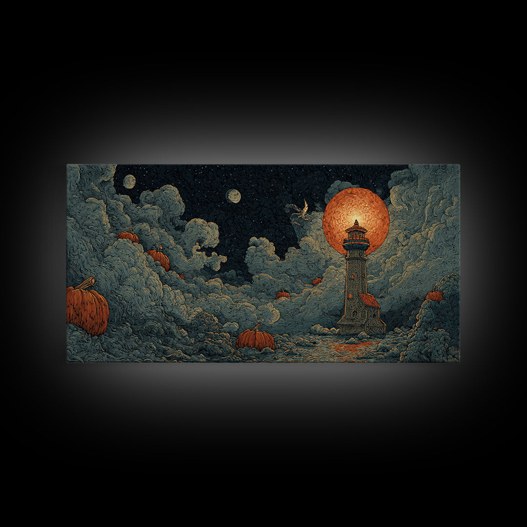The Pumpkin Moon Lighthouse - Surreal Celestial Vision, Dark Fantasy Wall Art, Wide Panoramic Art, Canvas Print, Halloween Home Decor
