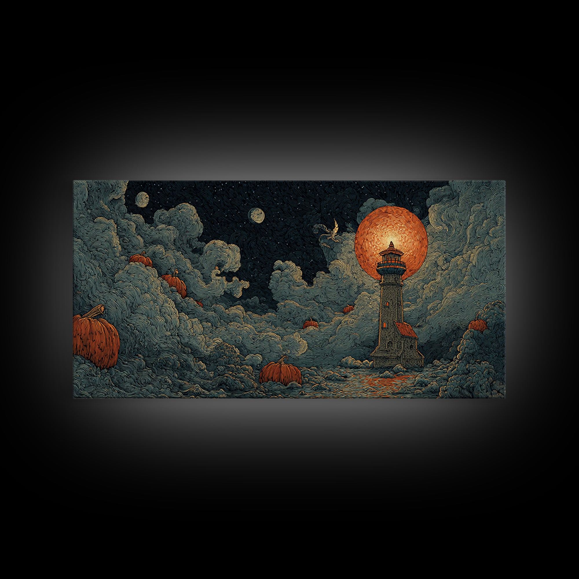 The Pumpkin Moon Lighthouse - Surreal Celestial Vision, Dark Fantasy Wall Art, Wide Panoramic Art, Canvas Print, Halloween Home Decor