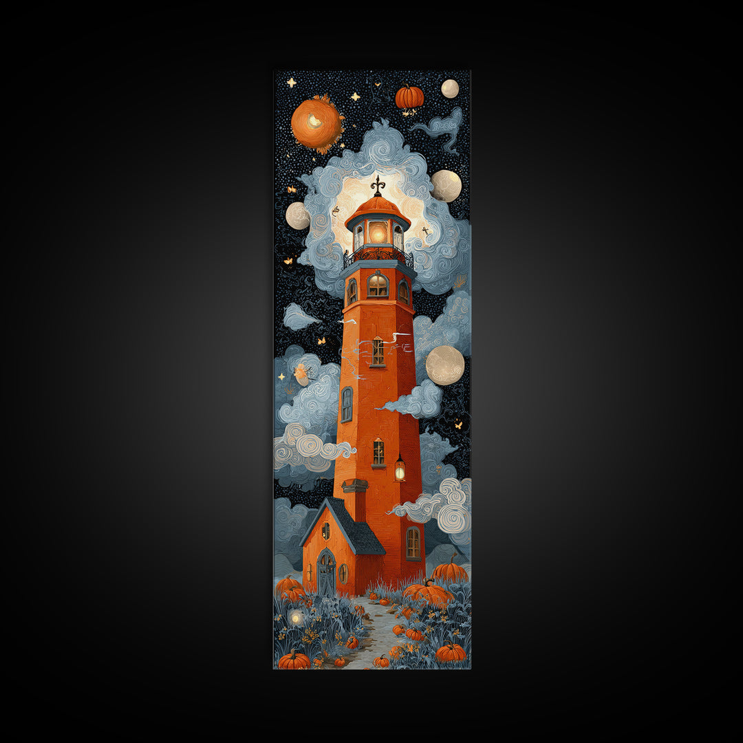 The Pumpkin Moon Lighthouse - Surreal Celestial Vision, Spooky Wall Decor, Tall Narrow Wall Art, Framed Canvas Print, Halloween Home Decor