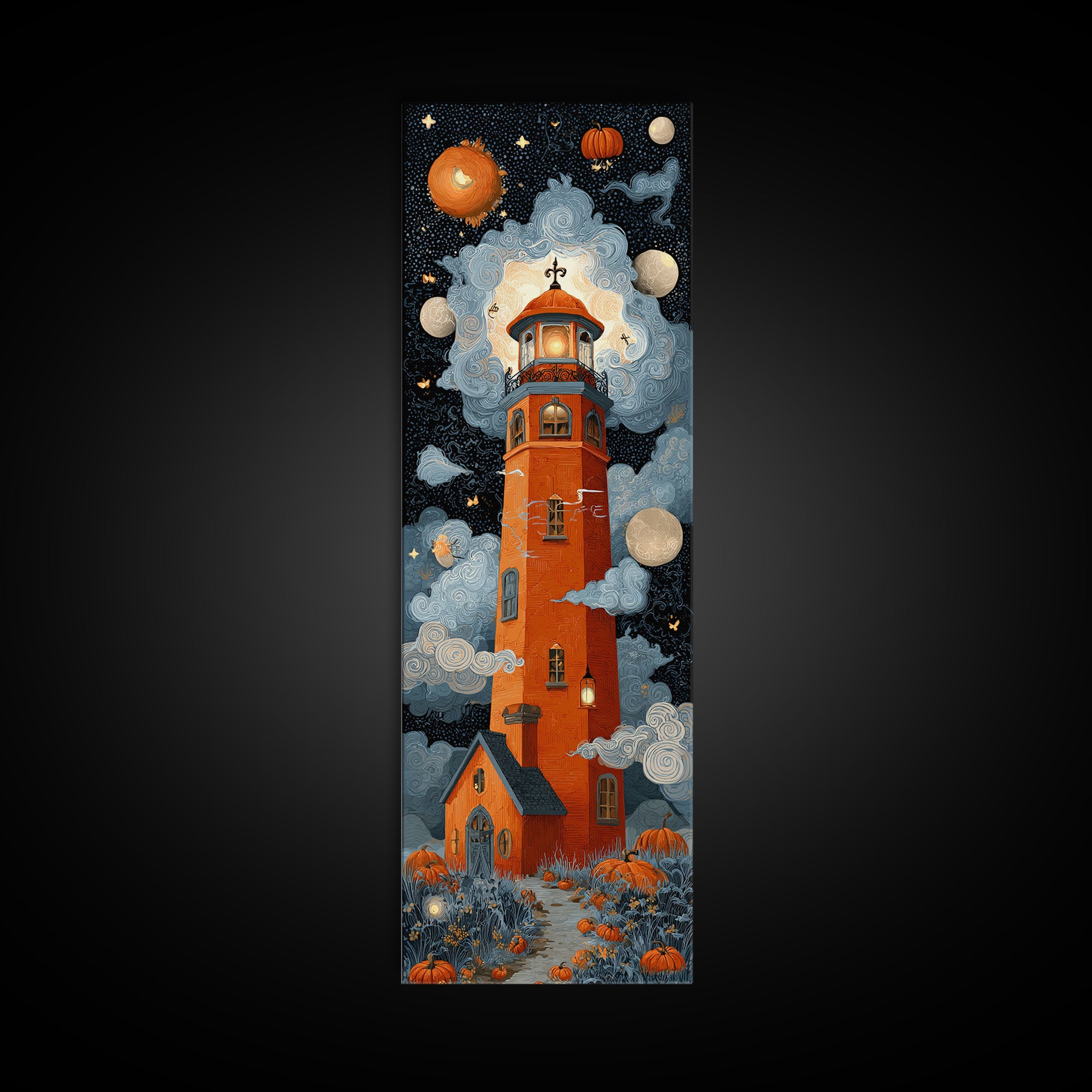 The Pumpkin Moon Lighthouse - Surreal Celestial Vision, Spooky Wall Decor, Tall Narrow Wall Art, Framed Canvas Print, Halloween Home Decor