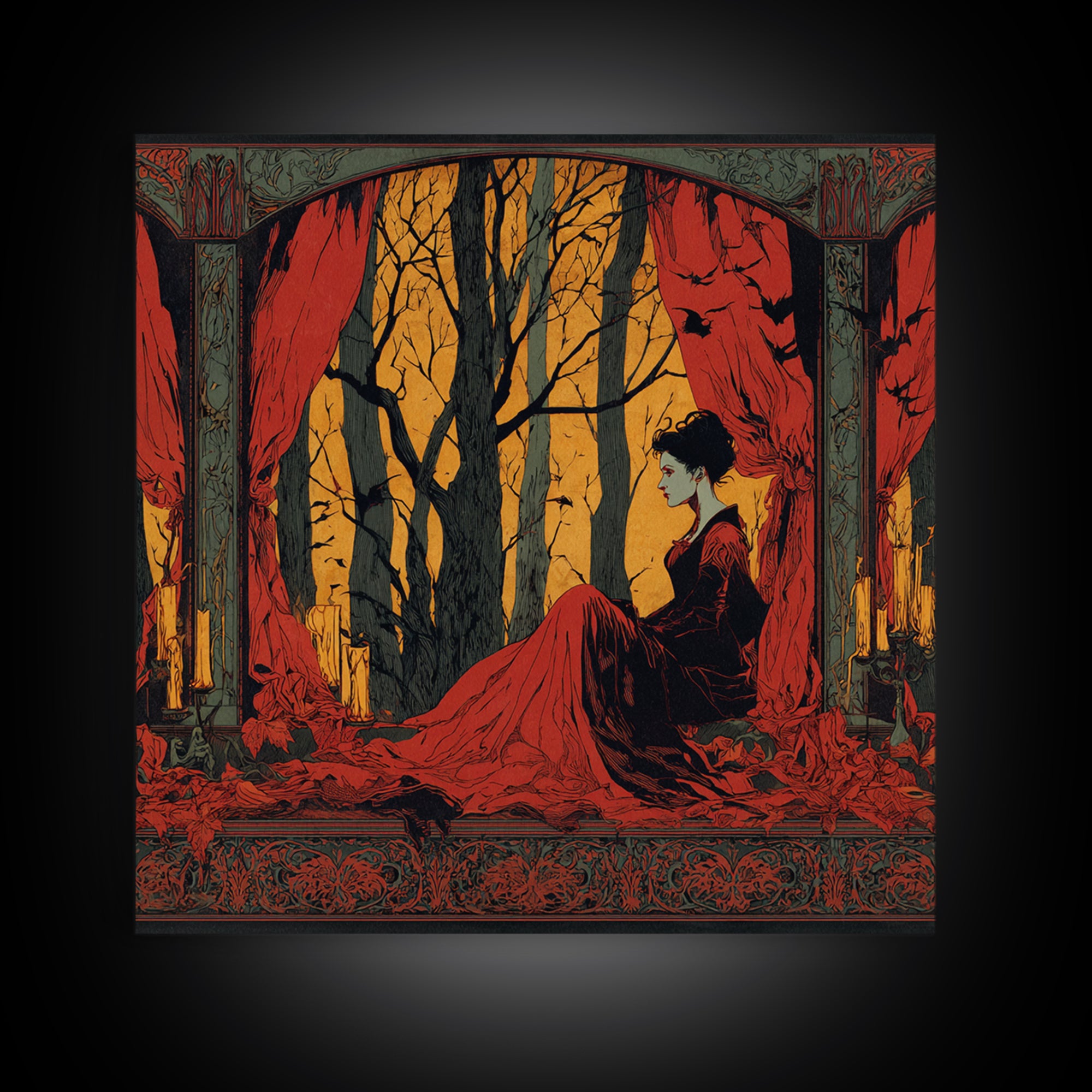 The Velvet Vampire Conservatory - Icon Portrait, Dark Fantasy Wall Art, Square Wall Art, Canvas Print, Halloween Home Decor, Gothic Wall Art