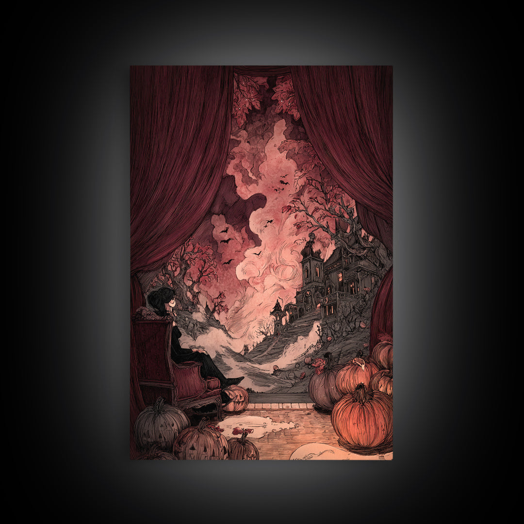 The Velvet Vampire Conservatory - Environmental Panorama, Macabre Halloween Art, Vertical Wall Art, Framed Canvas Print, Gothic Wall Art