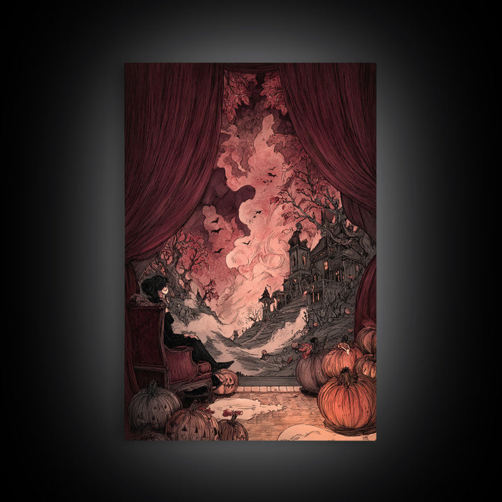 The Velvet Vampire Conservatory - Environmental Panorama, Macabre Halloween Art, Vertical Wall Art, Framed Canvas Print, Gothic Wall Art