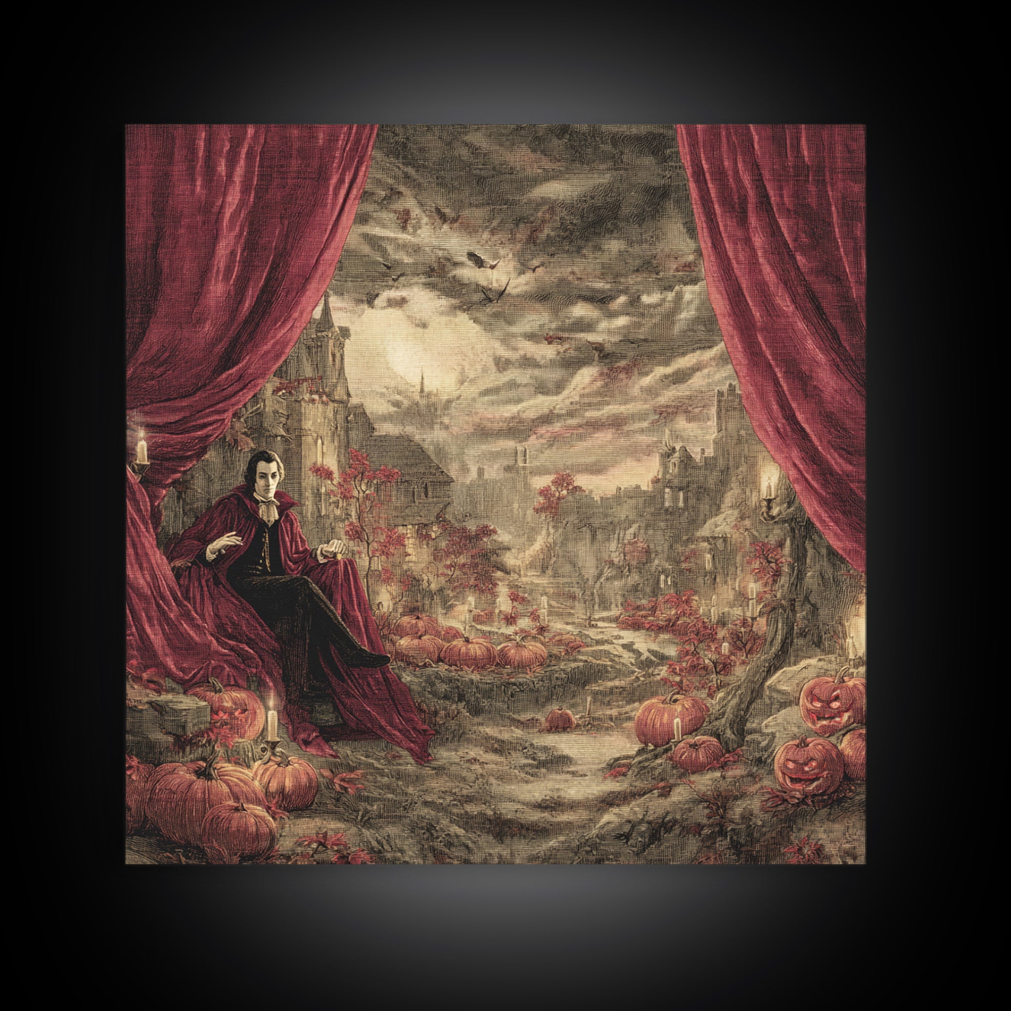 The Velvet Vampire Conservatory - Environmental Panorama, Occult Wall Decor, Square Wall Art, Canvas Print, Halloween Home Decor