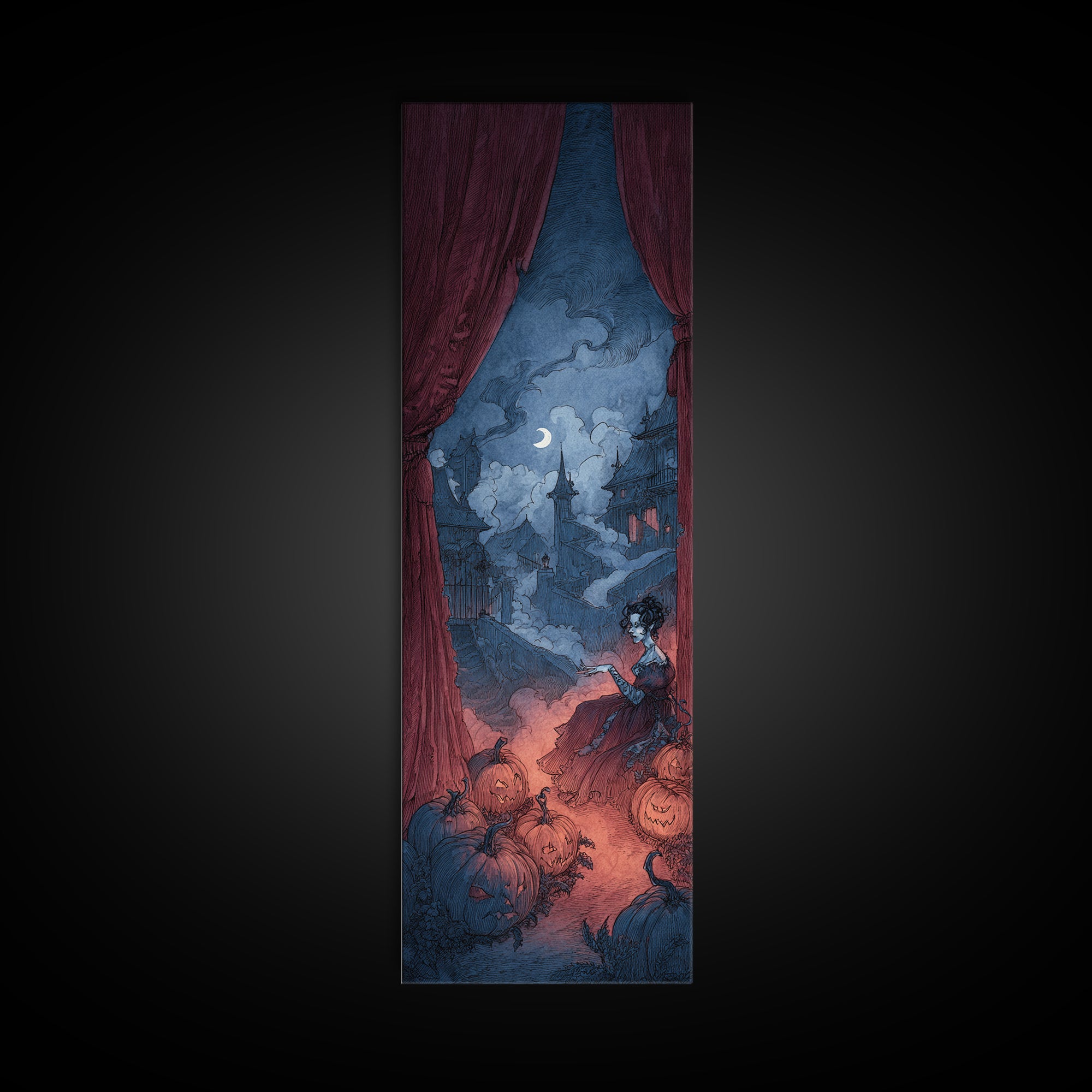 The Velvet Vampire Conservatory - Environmental Panorama, Occult Wall Decor, Tall Narrow Wall Art, Canvas Print, Halloween Home Decor
