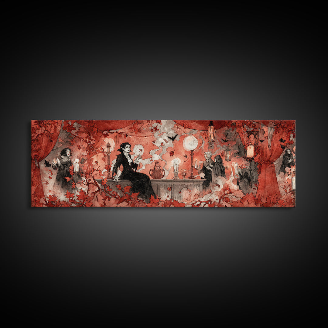 The Velvet Vampire Conservatory - Procession Scene, Gothic Home Decor, Extra Wide Wall Art, Canvas Print, Halloween Home Decor