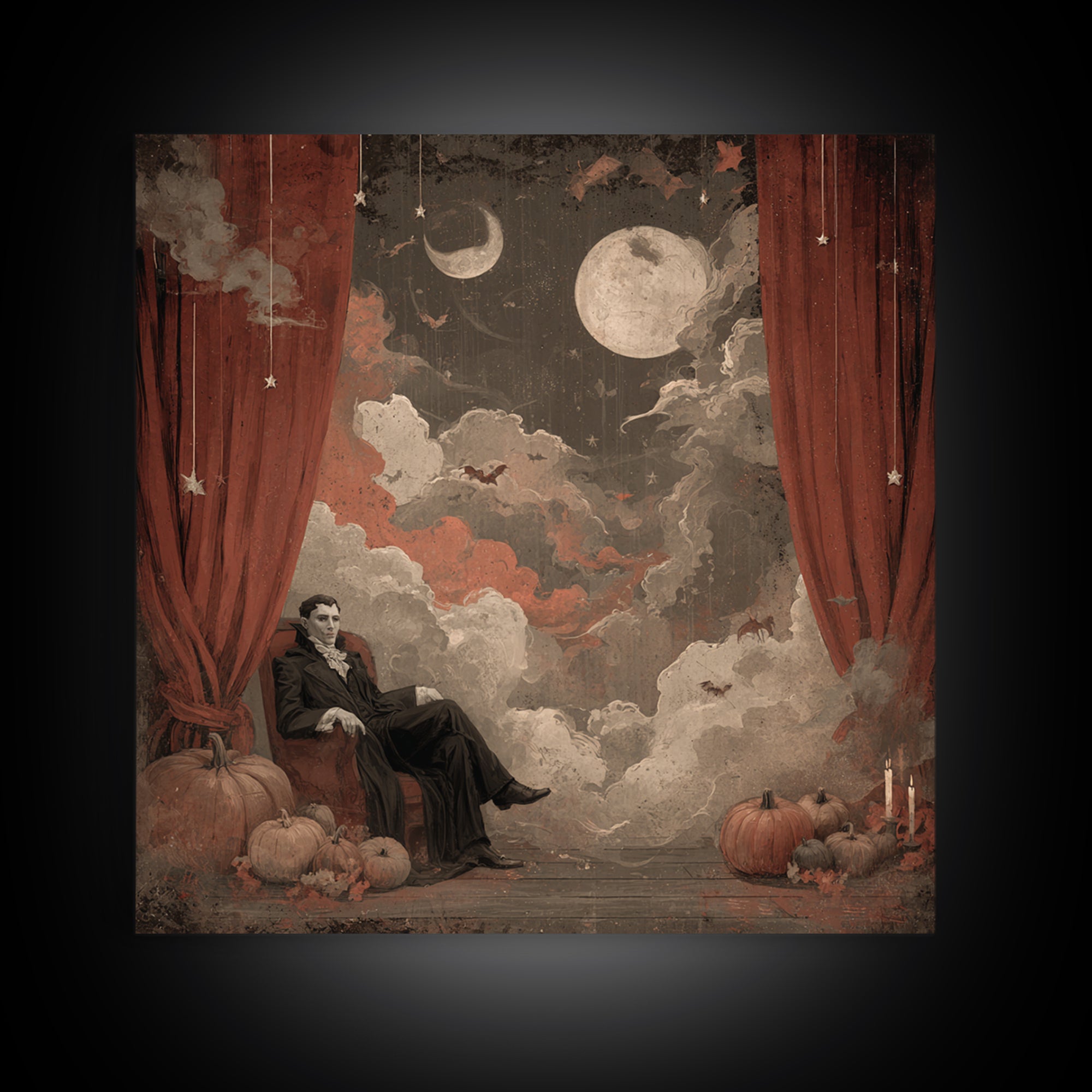 The Velvet Vampire Conservatory - Surreal Celestial Vision, Macabre Halloween Art, Square Wall Art, Framed Canvas Print, Gothic Wall Art