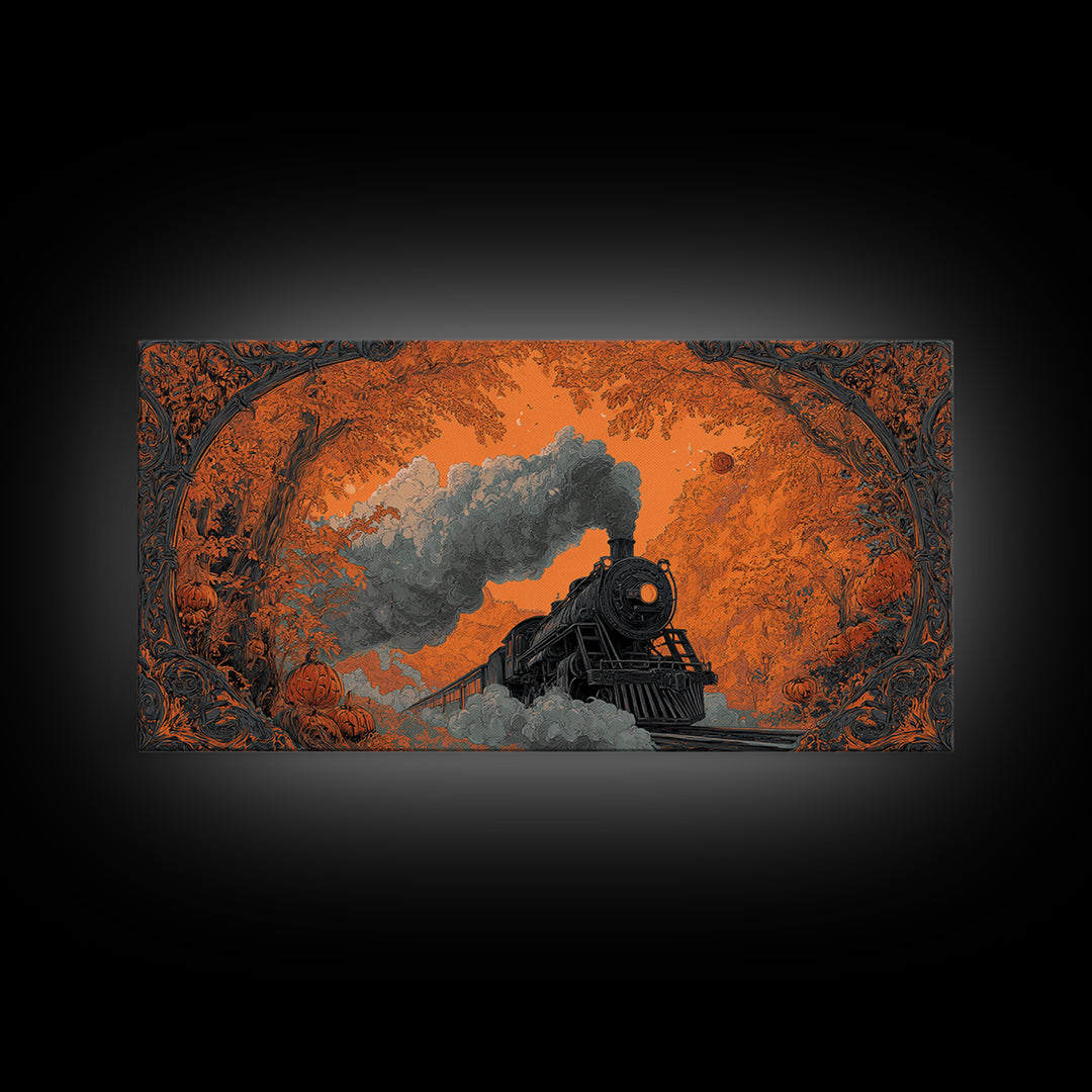 The Phantom Train Of October - Icon Portrait, Spooky Wall Decor, Wide Panoramic Art, Framed Canvas Print, Halloween Home Decor