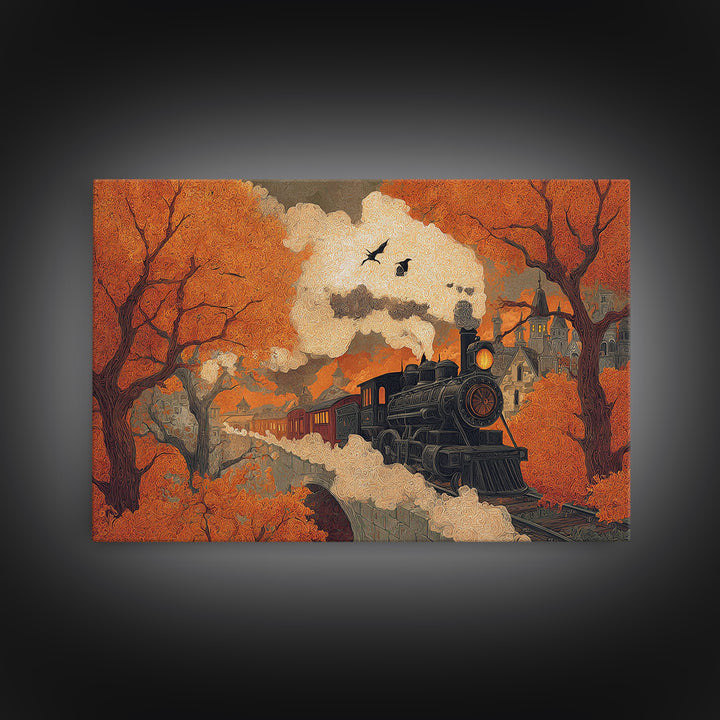 The Phantom Train Of October - Environmental Panorama, Halloween Wall Art, Landscape Wall Art, Framed Canvas Print, Halloween Home Decor