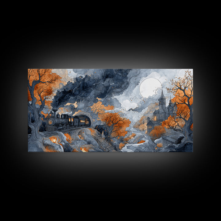 The Phantom Train Of October - Environmental Panorama, Dark Fantasy Wall Art, Wide Panoramic Art, Canvas Print, Halloween Home Decor