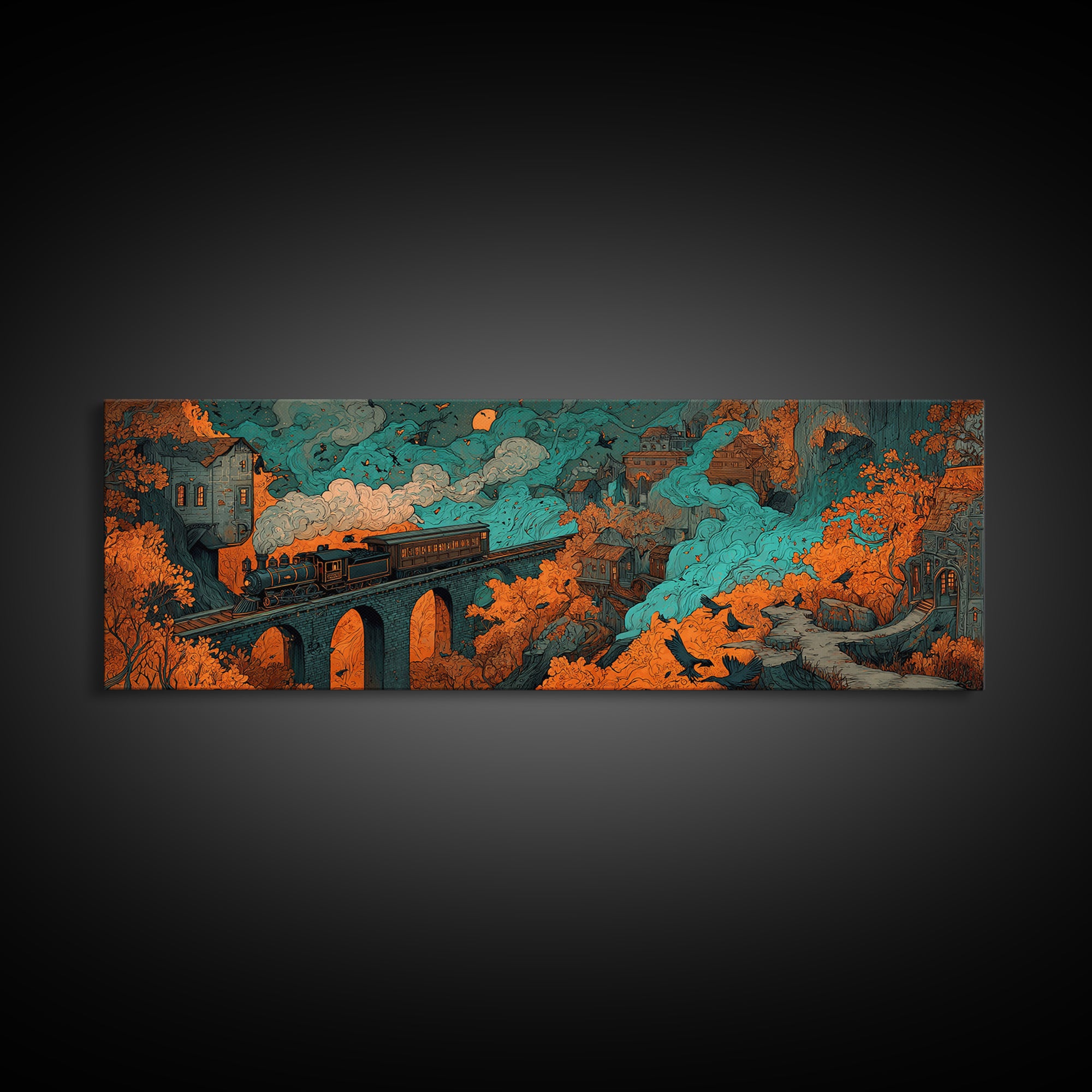 The Phantom Train Of October - Environmental Panorama, Spooky Wall Decor, Extra Wide Wall Art, Framed Canvas Print, Halloween Home Decor