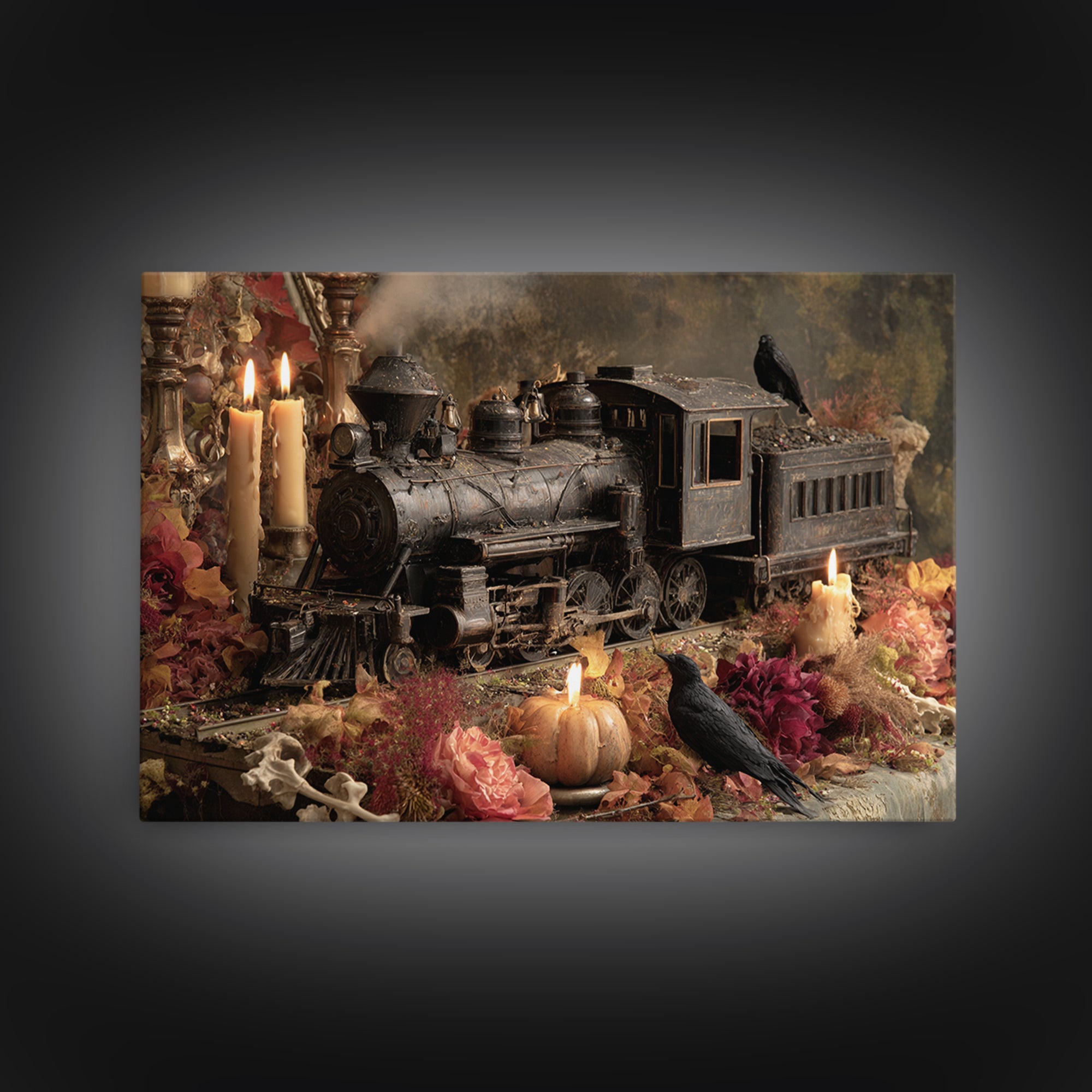 The Phantom Train Of October - Occult Still Life, Macabre Halloween Art, Landscape Wall Art, Framed Canvas Print, Halloween Home Decor