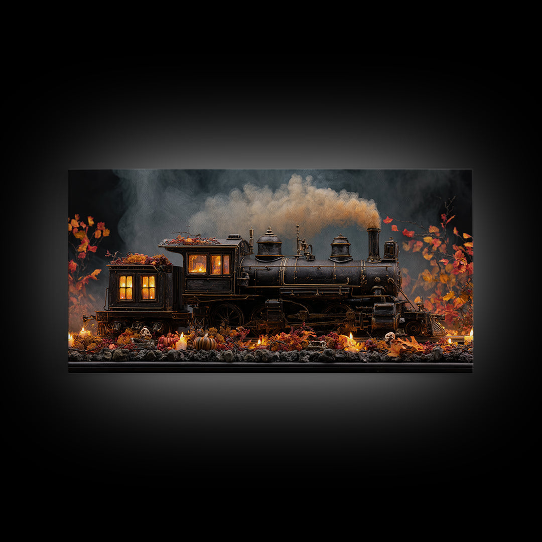 The Phantom Train Of October - Occult Still Life, Macabre Halloween Art, Wide Panoramic Art, Framed Canvas Print, Halloween Home Decor