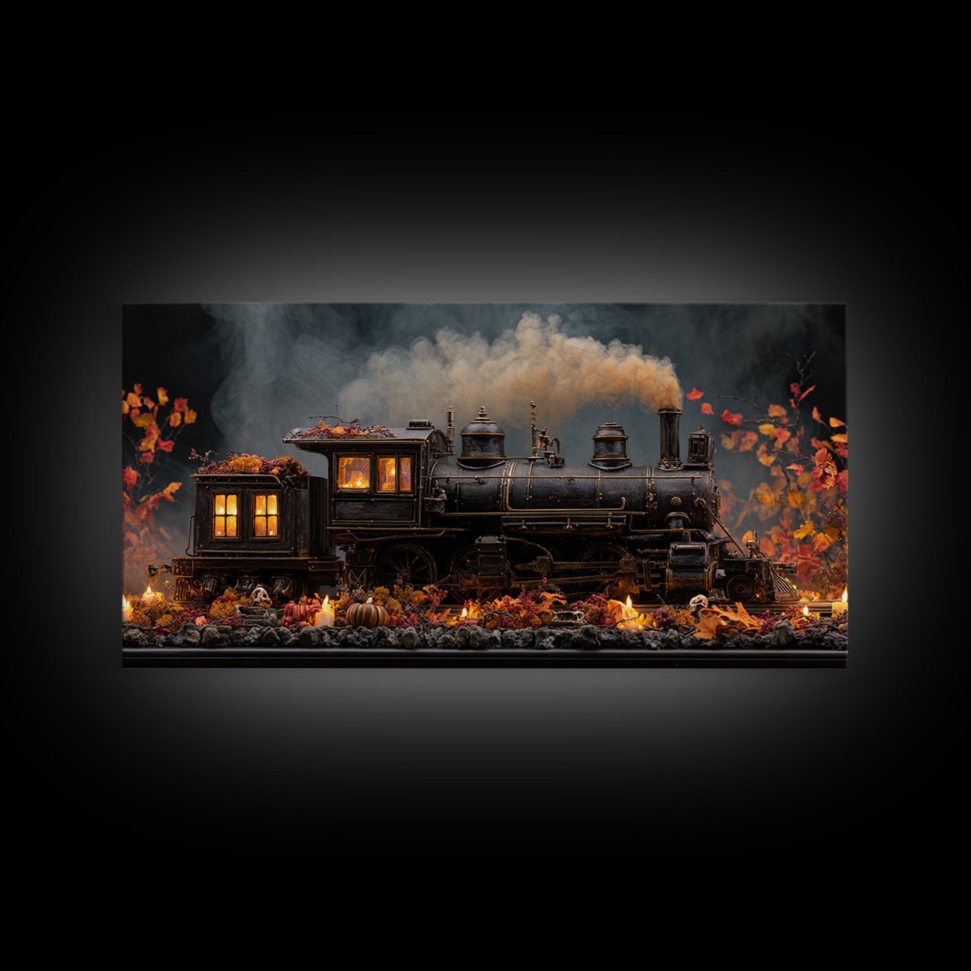 The Phantom Train Of October - Occult Still Life, Macabre Halloween Art, Wide Panoramic Art, Framed Canvas Print, Halloween Home Decor