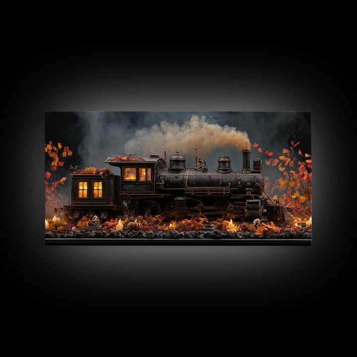 The Phantom Train Of October - Occult Still Life, Macabre Halloween Art, Wide Panoramic Art, Framed Canvas Print, Halloween Home Decor