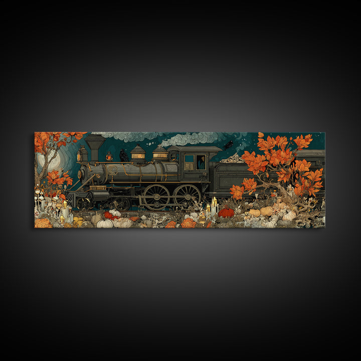 The Phantom Train Of October - Occult Still Life, Macabre Halloween Art, Extra Wide Wall Art, Framed Canvas Print, Halloween Home Decor