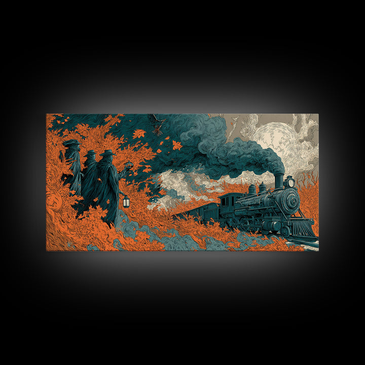 The Phantom Train Of October - Procession Scene, Halloween Wall Art, Wide Panoramic Art, Framed Canvas Print, Halloween Home Decor