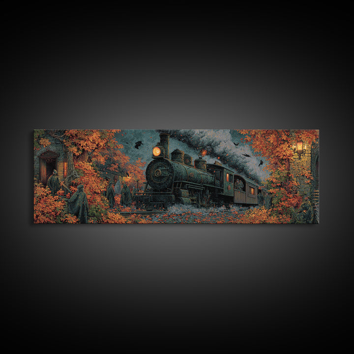 The Phantom Train Of October - Procession Scene, Spooky Wall Decor, Extra Wide Wall Art, Framed Canvas Print, Halloween Home Decor