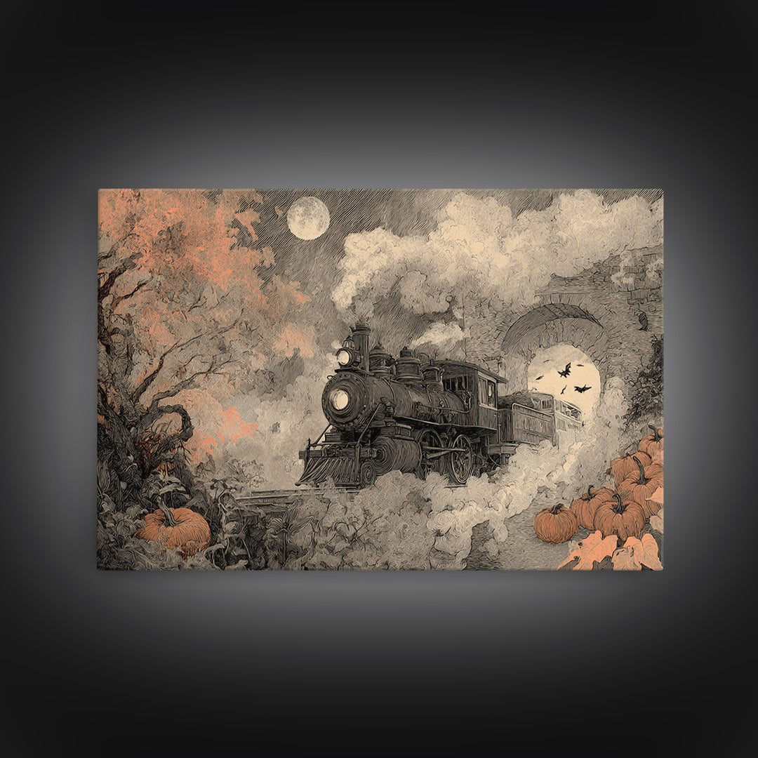 The Phantom Train Of October - Surreal Celestial Vision, Occult Wall Decor, Landscape Wall Art, Canvas Print, Halloween Home Decor
