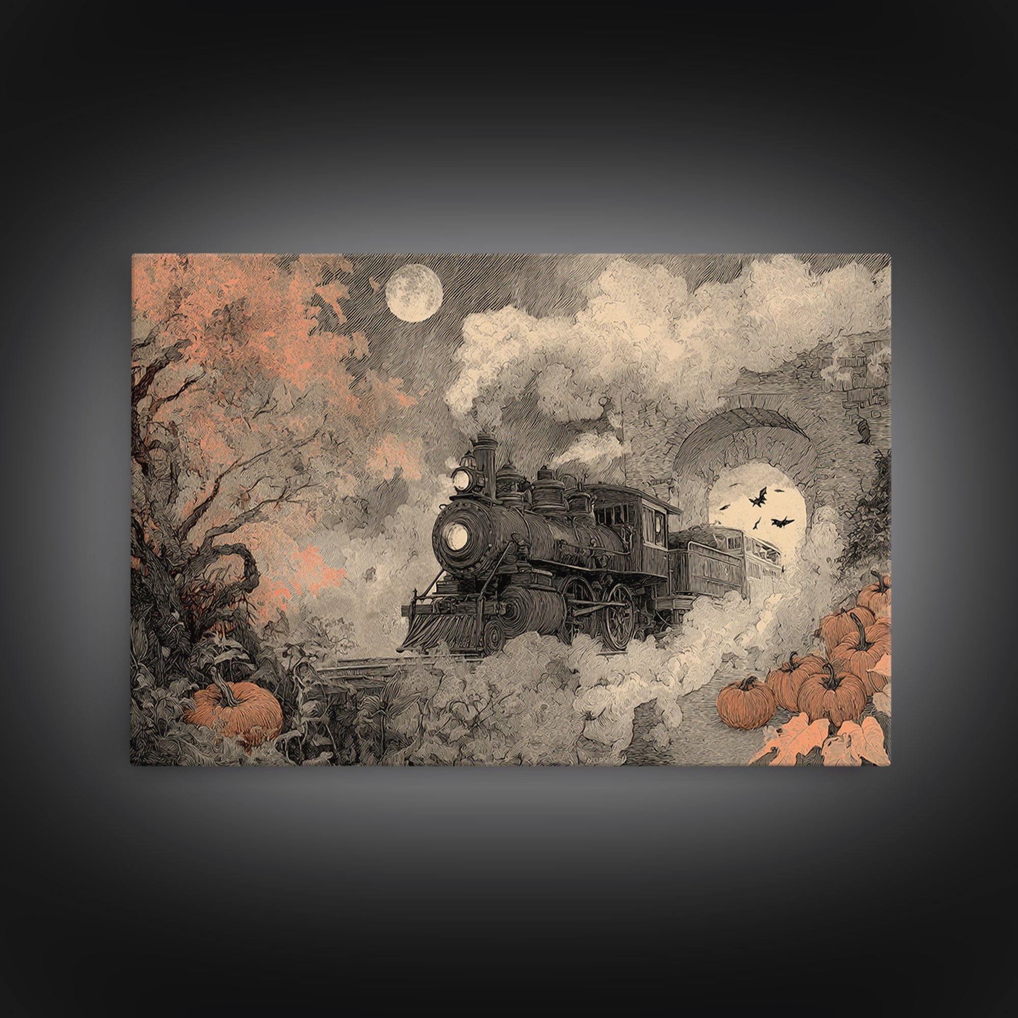The Phantom Train Of October - Surreal Celestial Vision, Occult Wall Decor, Landscape Wall Art, Canvas Print, Halloween Home Decor