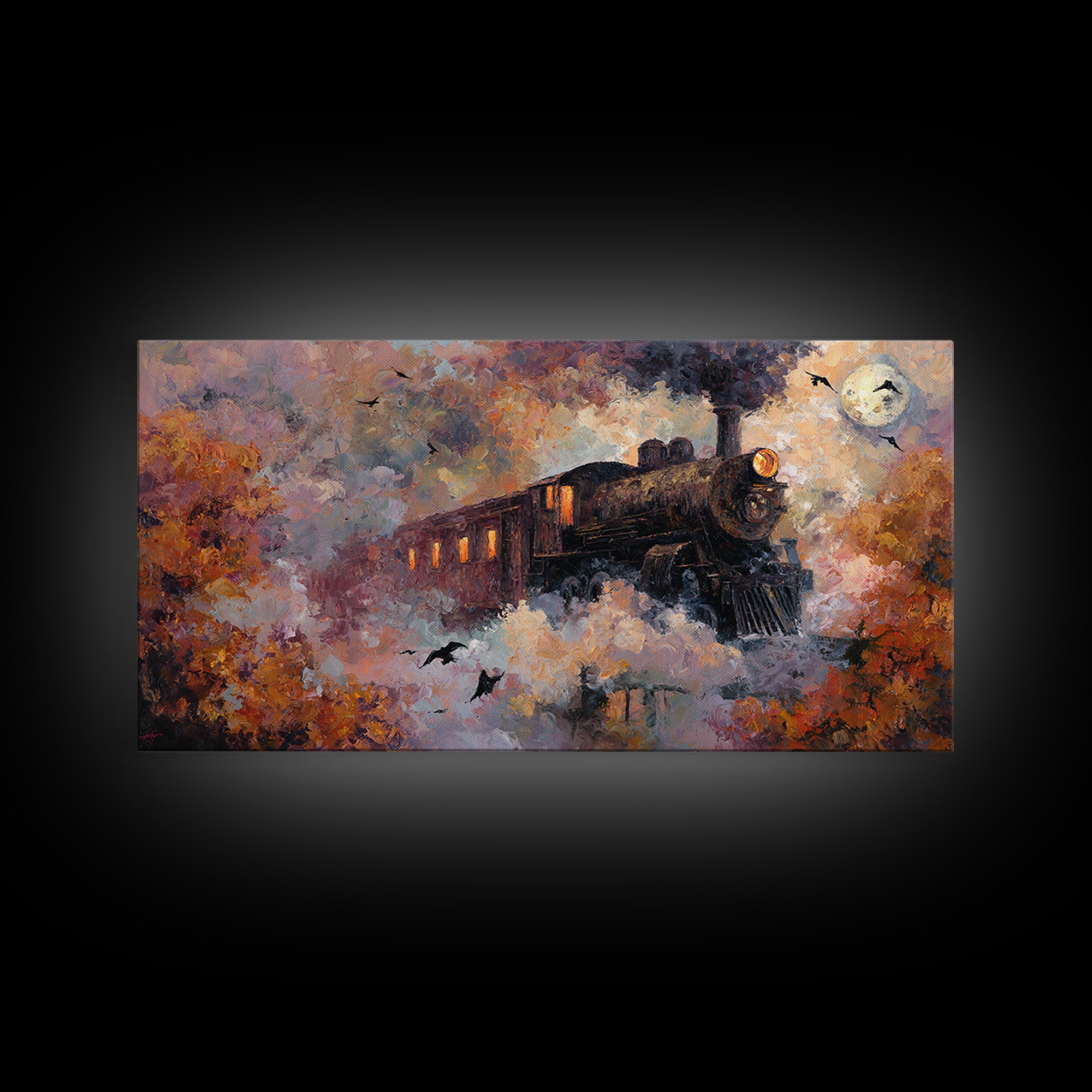 The Phantom Train Of October - Surreal Celestial Vision, Spooky Wall Decor, Wide Panoramic Art, Framed Canvas Print, Halloween Home Decor
