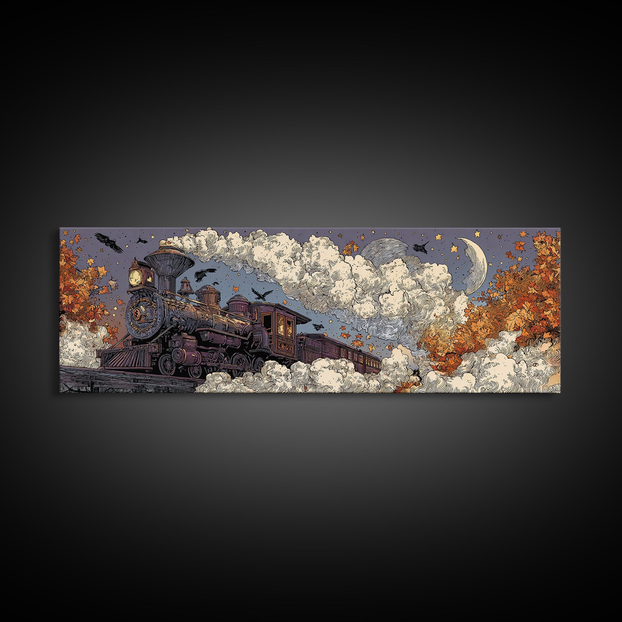 The Phantom Train Of October - Surreal Celestial Vision, Spooky Wall Decor, Extra Wide Wall Art, Framed Canvas Print, Halloween Home Decor