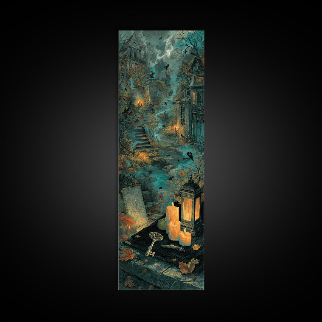 The Bone Key Still Life - Environmental Panorama, Spooky Wall Decor, Tall Narrow Wall Art, Framed Canvas Print, Halloween Home Decor