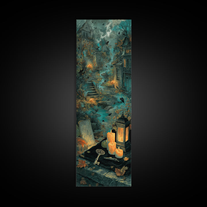 The Bone Key Still Life - Environmental Panorama, Spooky Wall Decor, Tall Narrow Wall Art, Framed Canvas Print, Halloween Home Decor